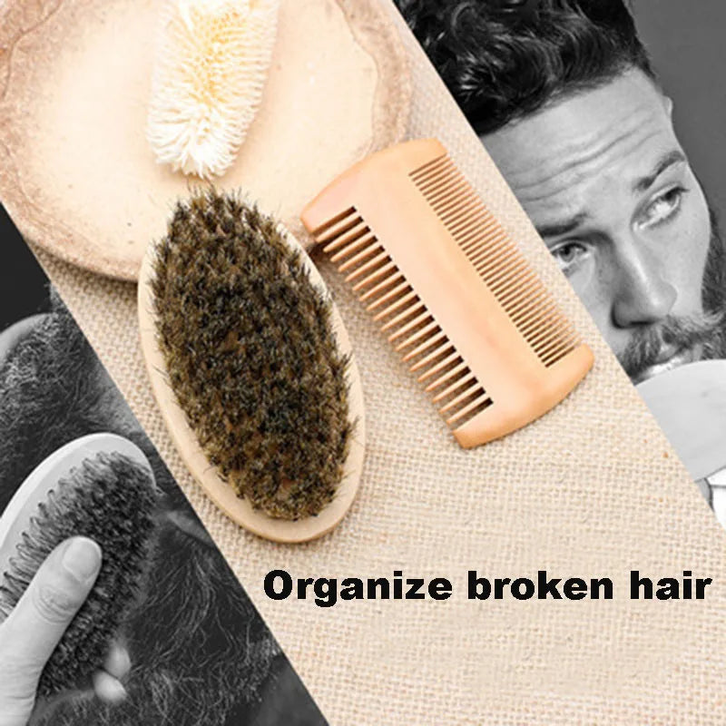 Professional Soft Boar Bristle Wood Beard Brush Hairdresser Shaving Brush Comb Men Mustache Comb Kit With Gift Bag Hair Comb Set