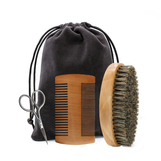 Professional Soft Boar Bristle Wood Beard Brush Hairdresser Shaving Brush Comb Men Mustache Comb Kit With Gift Bag Hair Comb Set